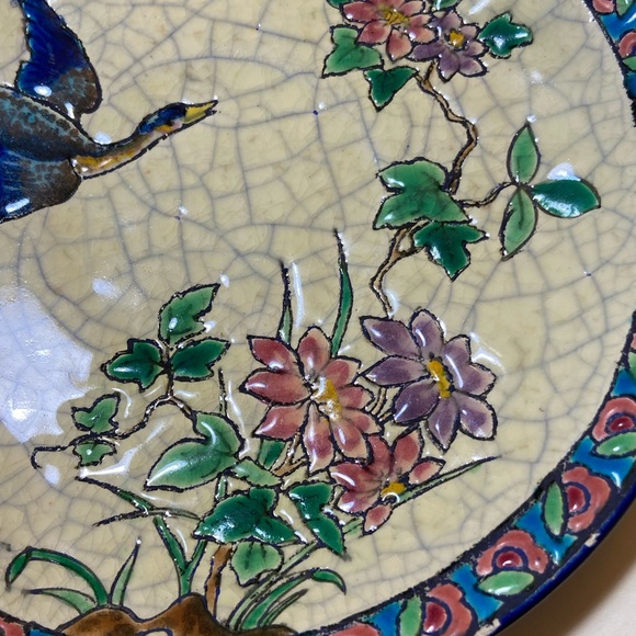 Majolica Longwy 6” Decor Bird Floral Cracked Signed A.M France - Picture 2 of 5